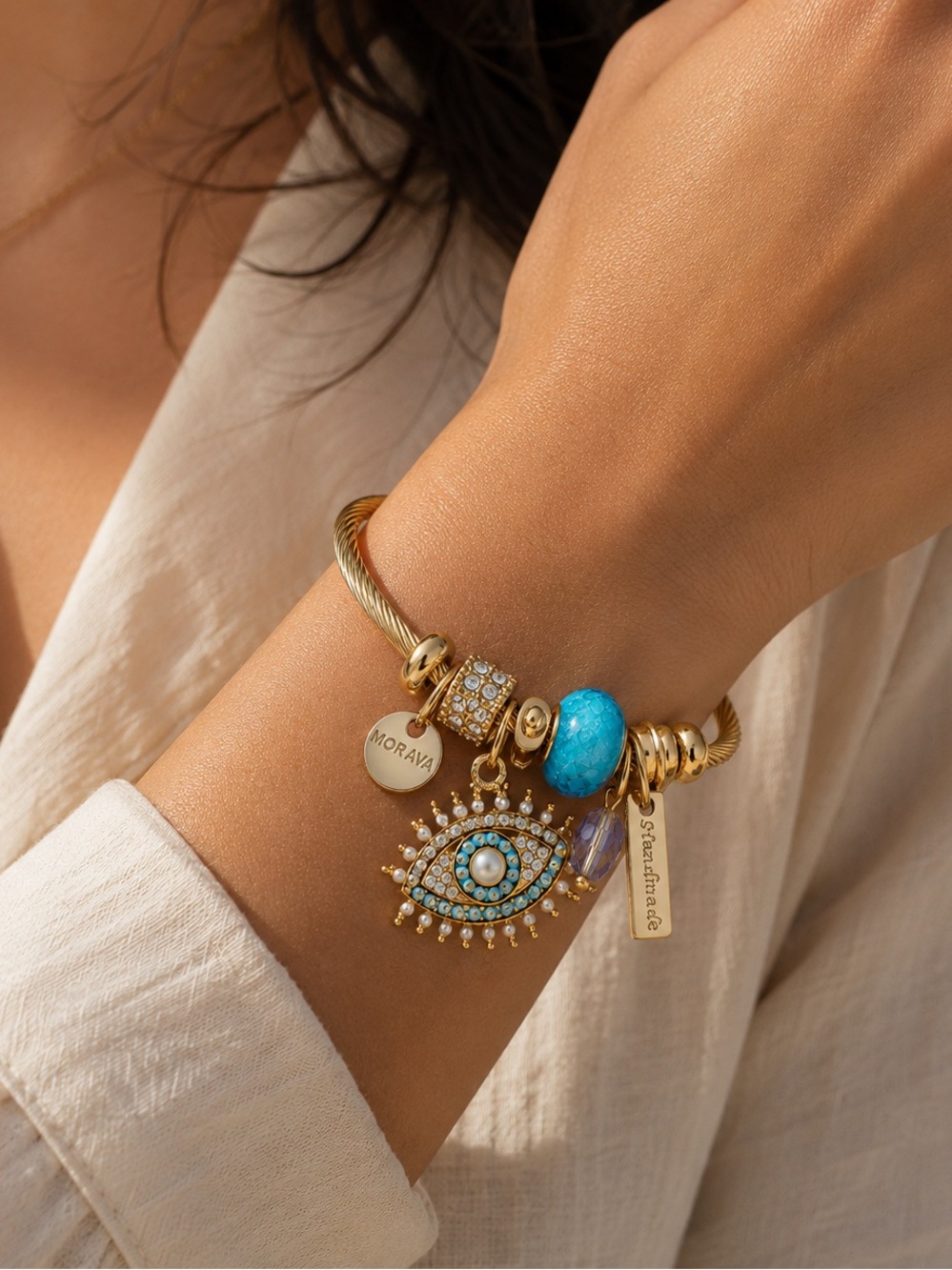 Gold Turquoise Evil Eye Charm Bracelet boho jewelry
